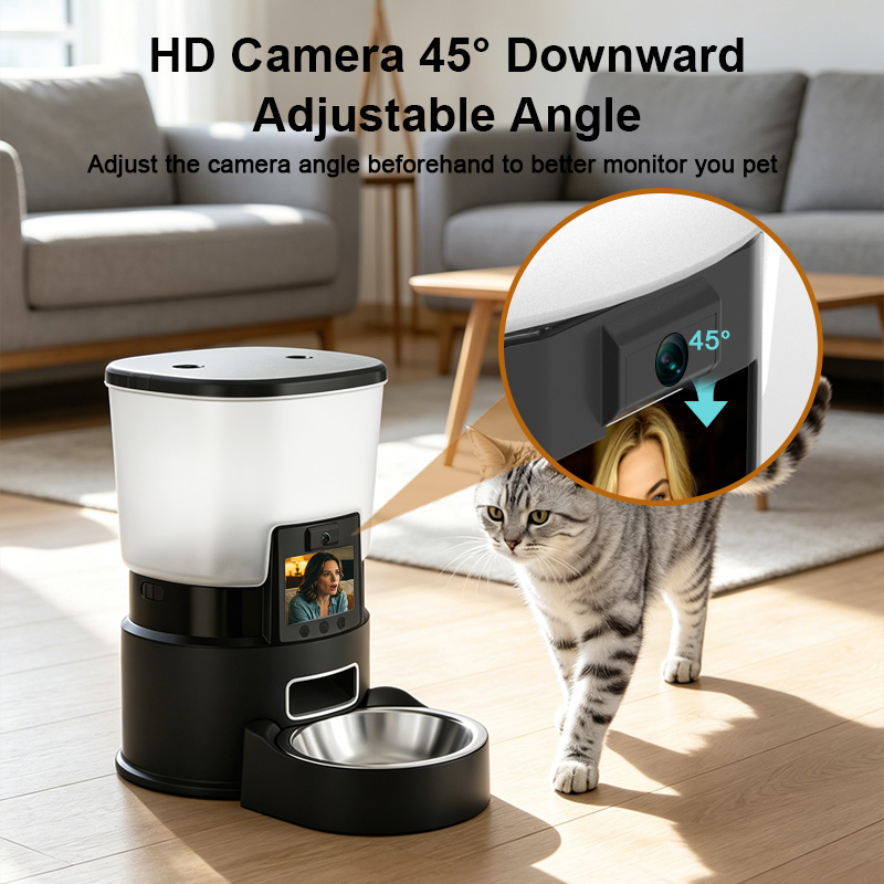 Automatic pet feeder with 45 degree downward adjustable HD camera for full clear monitoring of indoor cats at home by Lmzoe
