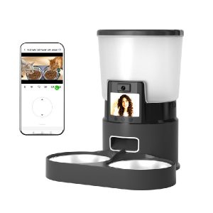 Automatic pet feeder with double stainless bowls, adjustable HD camera and two-way talk for two cats small dogs, 5L large capacity smart food dispenser