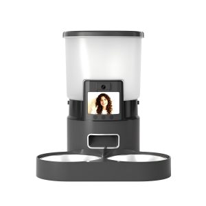 Front view white background automatic pet feeder with dual stainless bowls, adjustable HD camera two-way talk, 5L smart food dispenser for cats dogs by Lmzoe