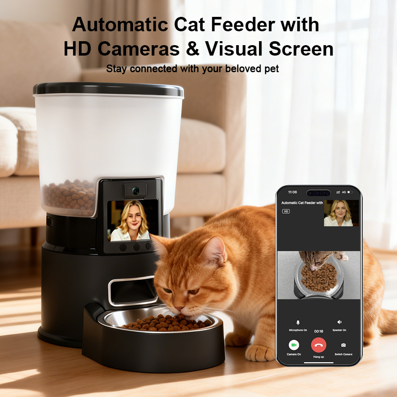 Automatic pet feeder built with HD camera and visual screen, mobile APP remote monitoring for cats in bright home living room by Lmzoe