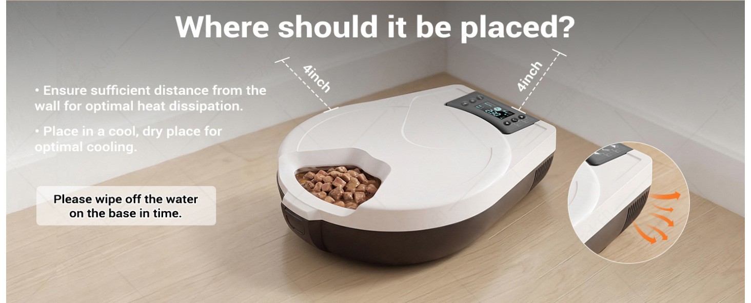 T1-H refrigerated automatic cat feeder placement requirement & heat dissipation instruction diagram with 4-inch wall distance reminder, user guide detail, Lmzoe