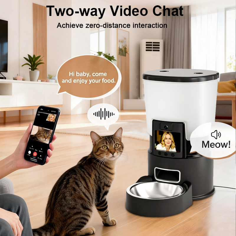 Automatic pet feeder with built-in camera supports two-way video chat for real-time interaction with indoor cats at home by Lmzoe