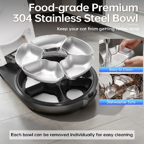Automatic wet food cat feeder with detachable food-grade 304 stainless steel trays, dishwasher safe and easy to clean for cats by Lmzoe