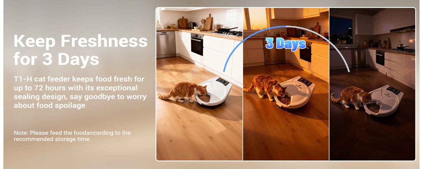 T1-H automatic refrigerated cat wet food feeder with sealed fresh-keeping design for up to 3 days food preservation, day-night scene collage, Lmzoe