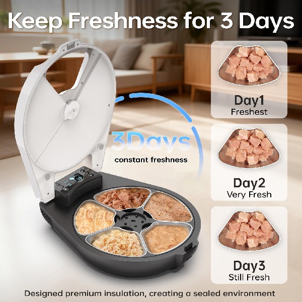 Automatic wet food cat feeder with sealed insulation design keeps cat wet food fresh for up to 3 days in indoor household scene by Lmzoe