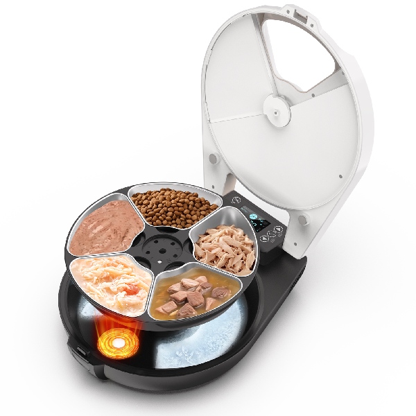 Automatic wet food cat feeder with 5-grid stainless rotary tray, auto food warming and refrigeration for cats and small dogs by Lmzoe
