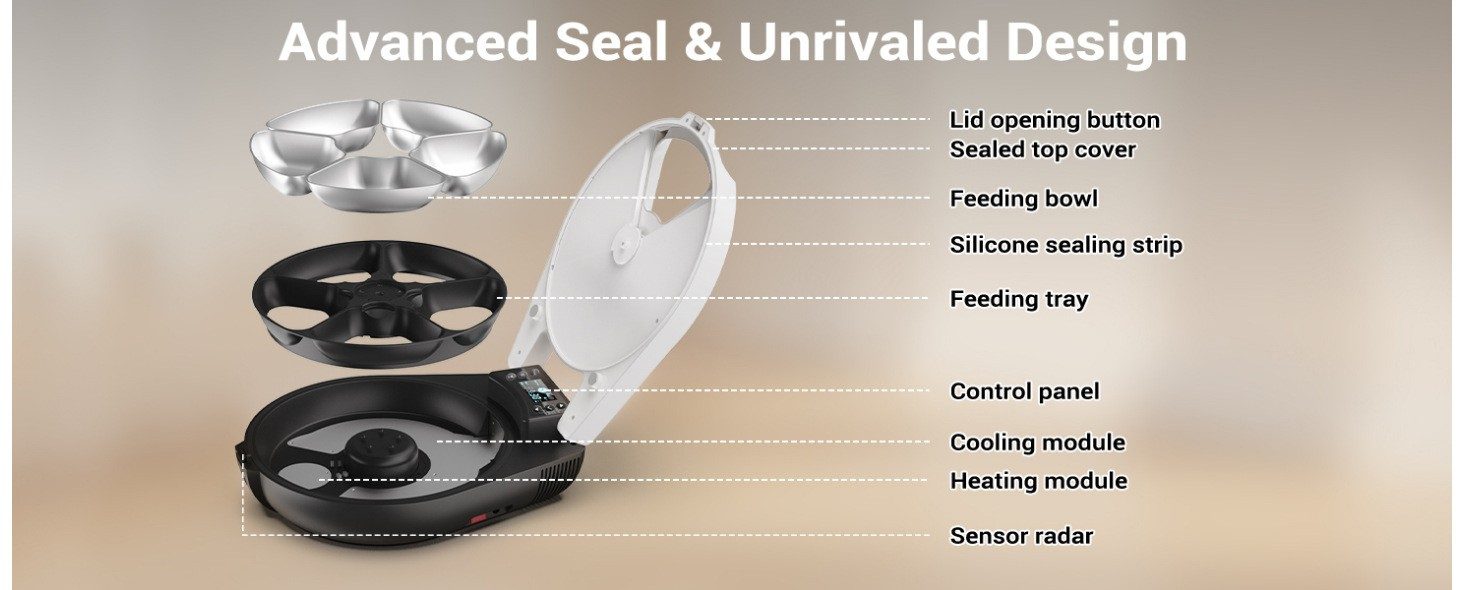 T1-H automatic refrigerated cat feeder exploded view structure diagram with advanced sealing silicone strip, cooling heating module and anti-pinch radar sensor, Lmzoe