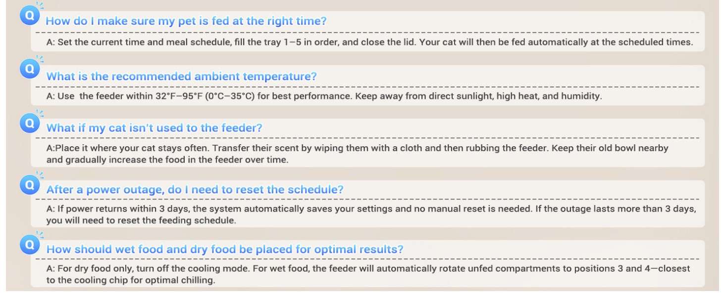 T1-H automatic refrigerated cat feeder frequently asked questions FAQ page about timing setting, temperature, cat adaptation, power failure and food placement, Lmzoe