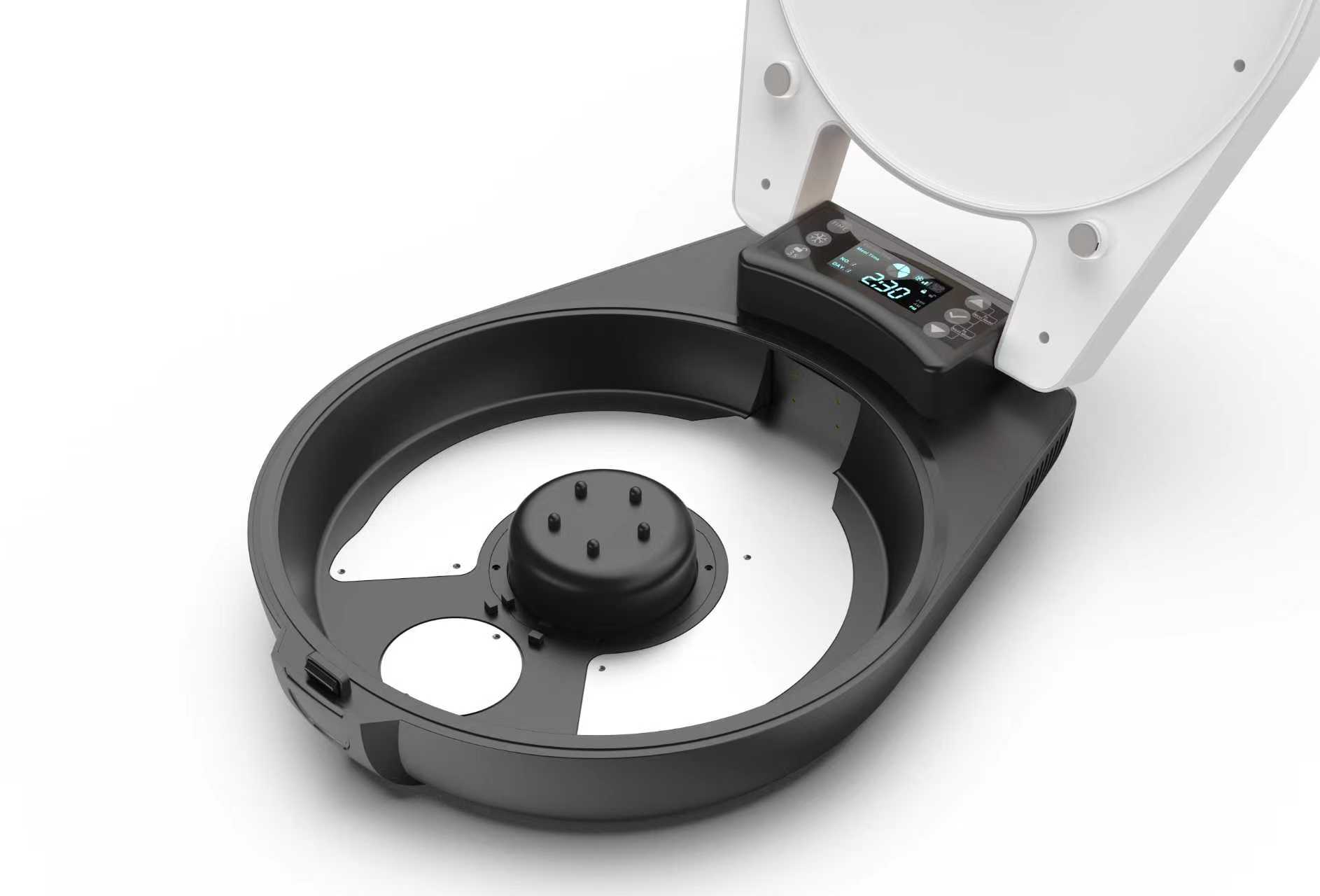 Automatic wet food cat feeder open lid inner base and digital control panel structural detail for cats and small dogs by Lmzoe