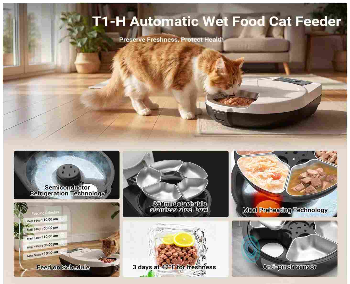 T1-H automatic refrigerated wet food cat feeder with timing feeding and anti-pinch sensor, function collage scene view, Lmzoe