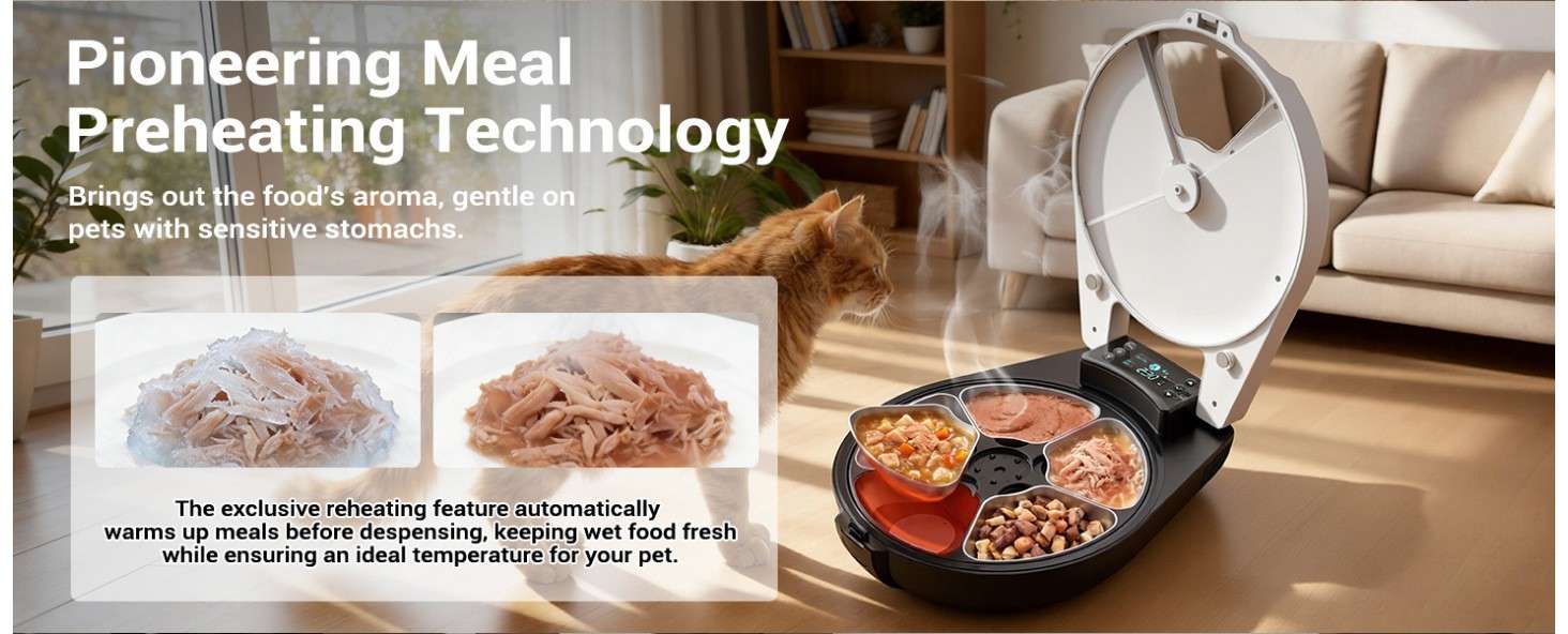 T1-H automatic refrigerated wet food cat feeder with exclusive automatic meal preheating technology, living room function display scene, Lmzoe