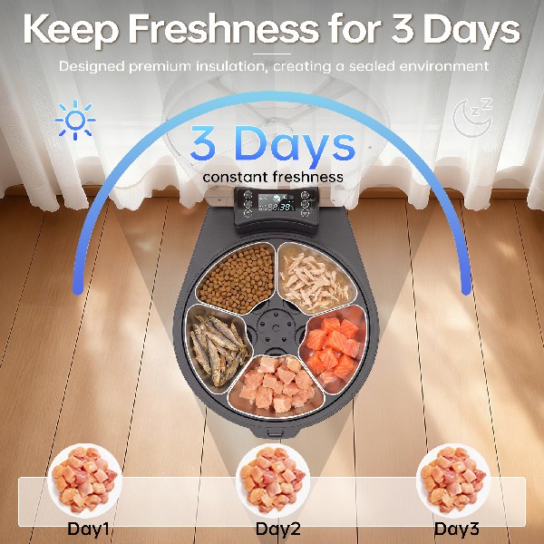 Automatic wet food cat feeder top view loaded with multiple types of cat food, sealed insulation keeps all food fresh for 3 days by Lmzoe