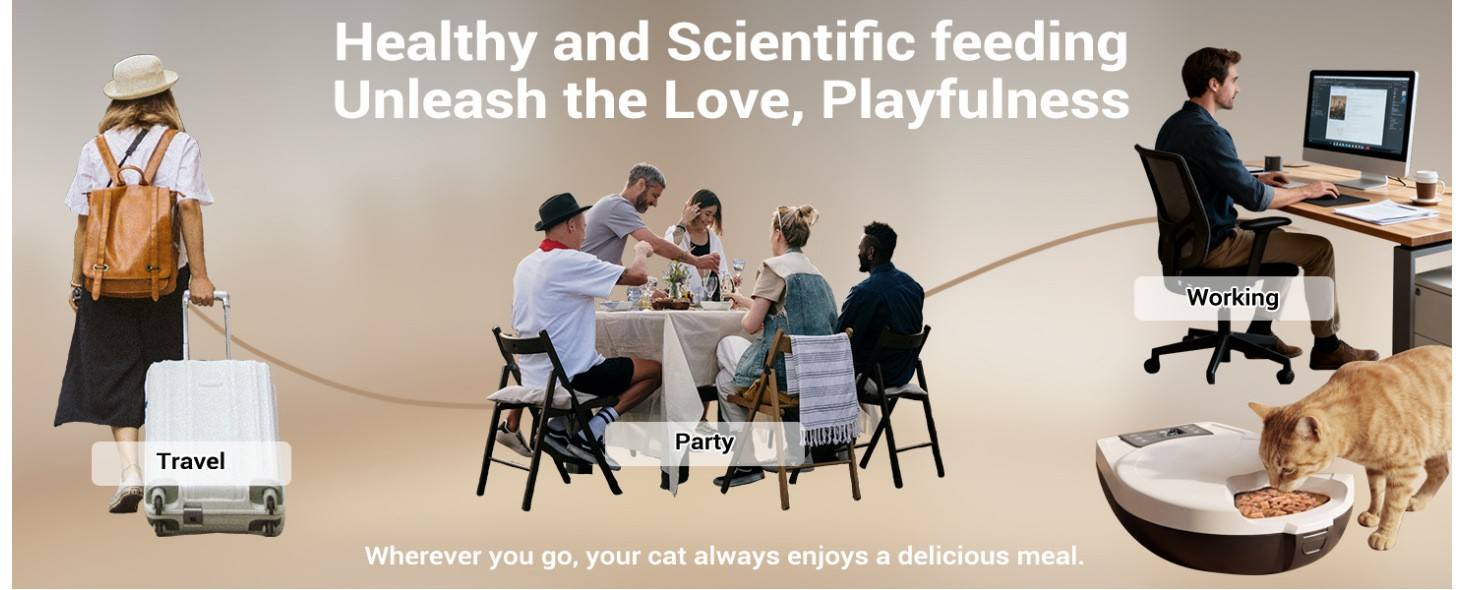 T1-H automatic refrigerated cat feeder lifestyle collage for travel, party and office working scenarios, healthy scientific timed feeding concept display, Lmzoe