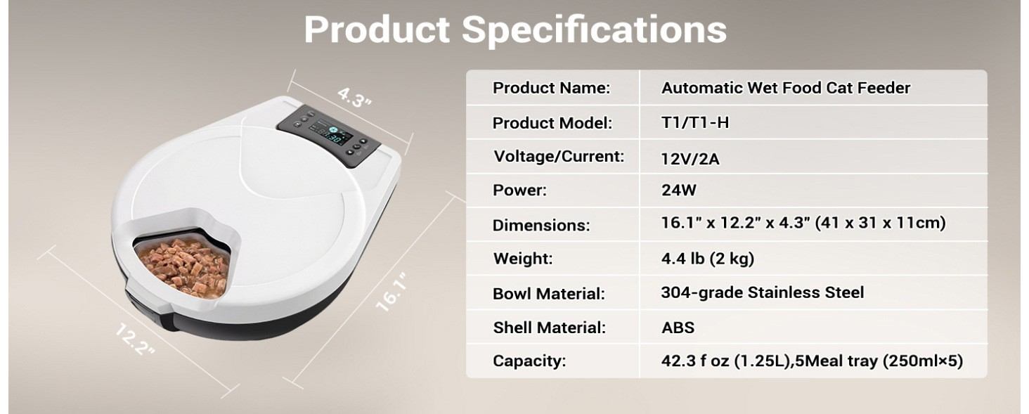 T1/T1-H automatic refrigerated wet food cat feeder complete product specifications size voltage material parameter table with dimension outline drawing, Lmzoe