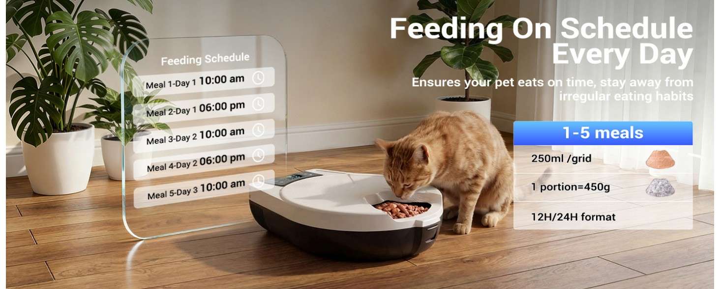 T1-H automatic refrigerated cat feeder with daily timed 1-5 meals programmable feeding schedule, living room scene view, Lmzoe
