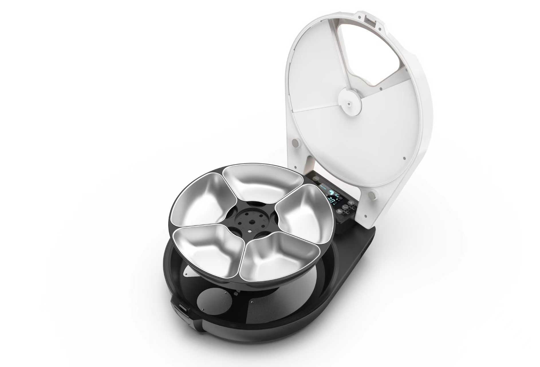 Automatic wet food cat feeder inner view with fully installed 5-compartment 304 stainless steel rotary tray and LCD control panel for cats by Lmzoe