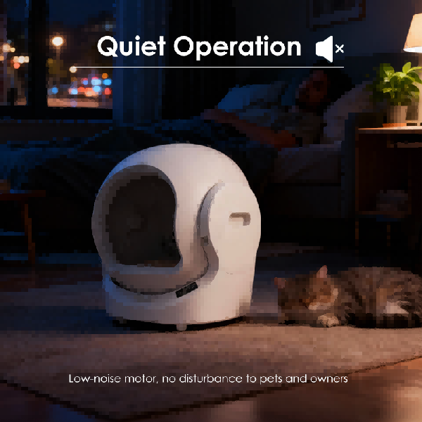 Automatic enclosed self-cleaning cat litter box with low noise for bedroom use, scene view, Lmzoe