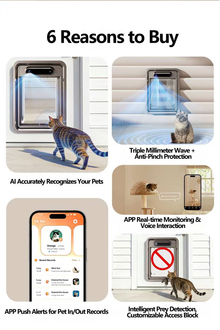 AI智能宠物门功能 - AI宠物识别、三重防夹保护、APP监控和猫狗猎物检测