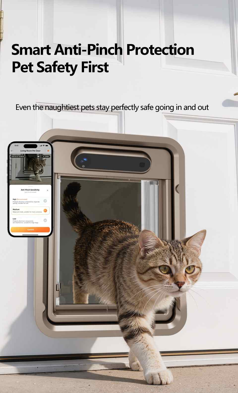 Smart Pet Door with Anti-Pinch Protection - Cat Walking Through Safely with APP Adjustable Anti-Pinch Sensitivity Settings for Pet Safety