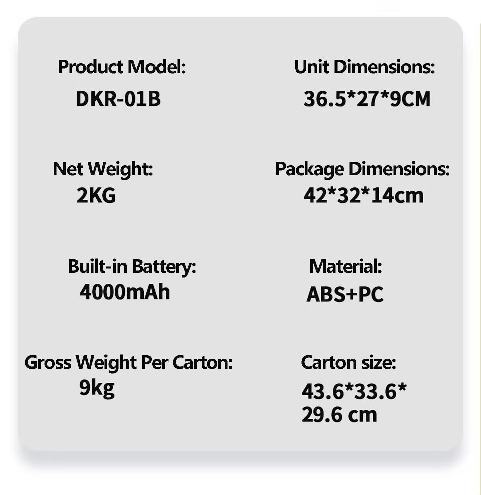 Smart Pet Door Specifications Table - Model DKR-01B, 36.5x27x9cm Dimensions, 2kg Net Weight, 4000mAh Battery, ABS and PC Material