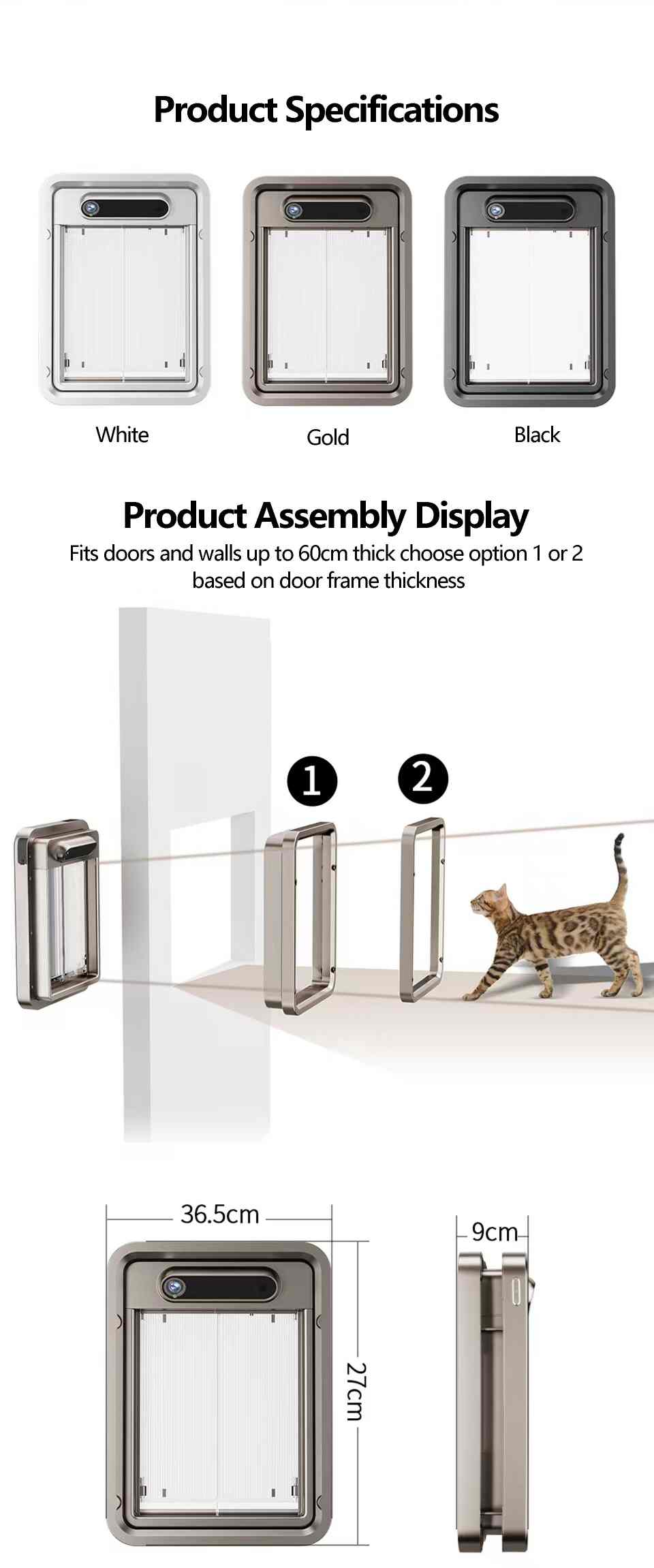 Smart Pet Door Specifications in White, Gold and Black - Fits Doors and Walls up to 60cm Thick with Installation Options and Dimension Guide