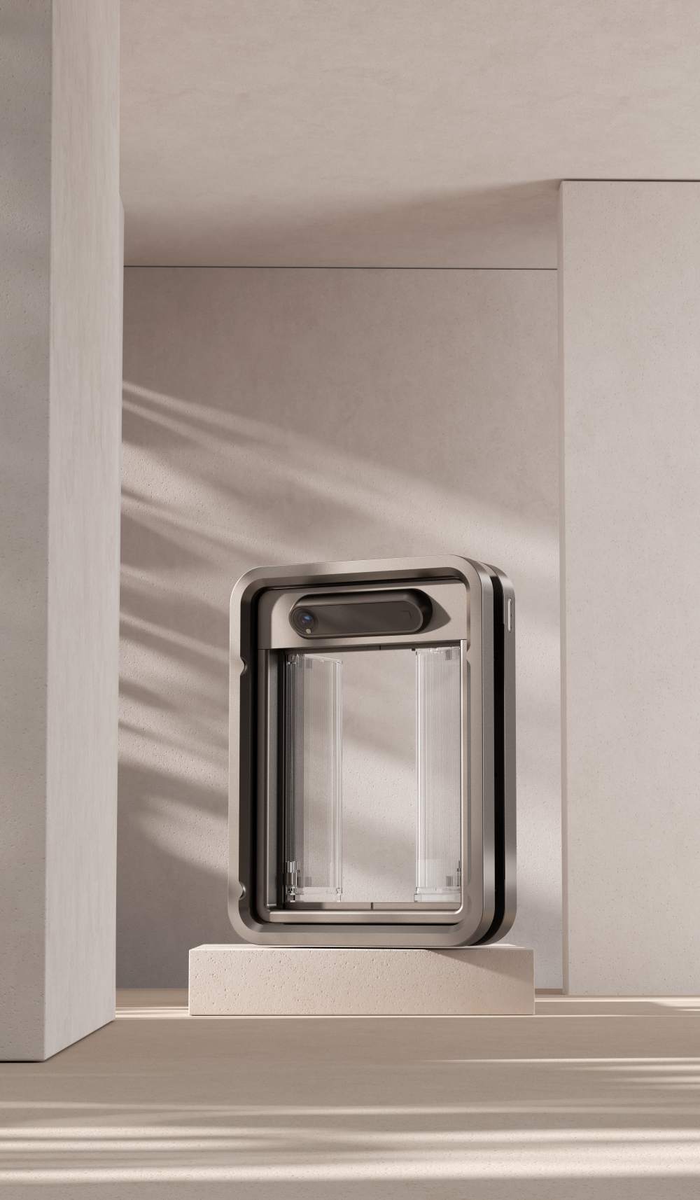 Smart Pet Door with Camera Displayed on Stone Surface in Bright Modern Home - Minimalist Interior Scene with Natural Light
