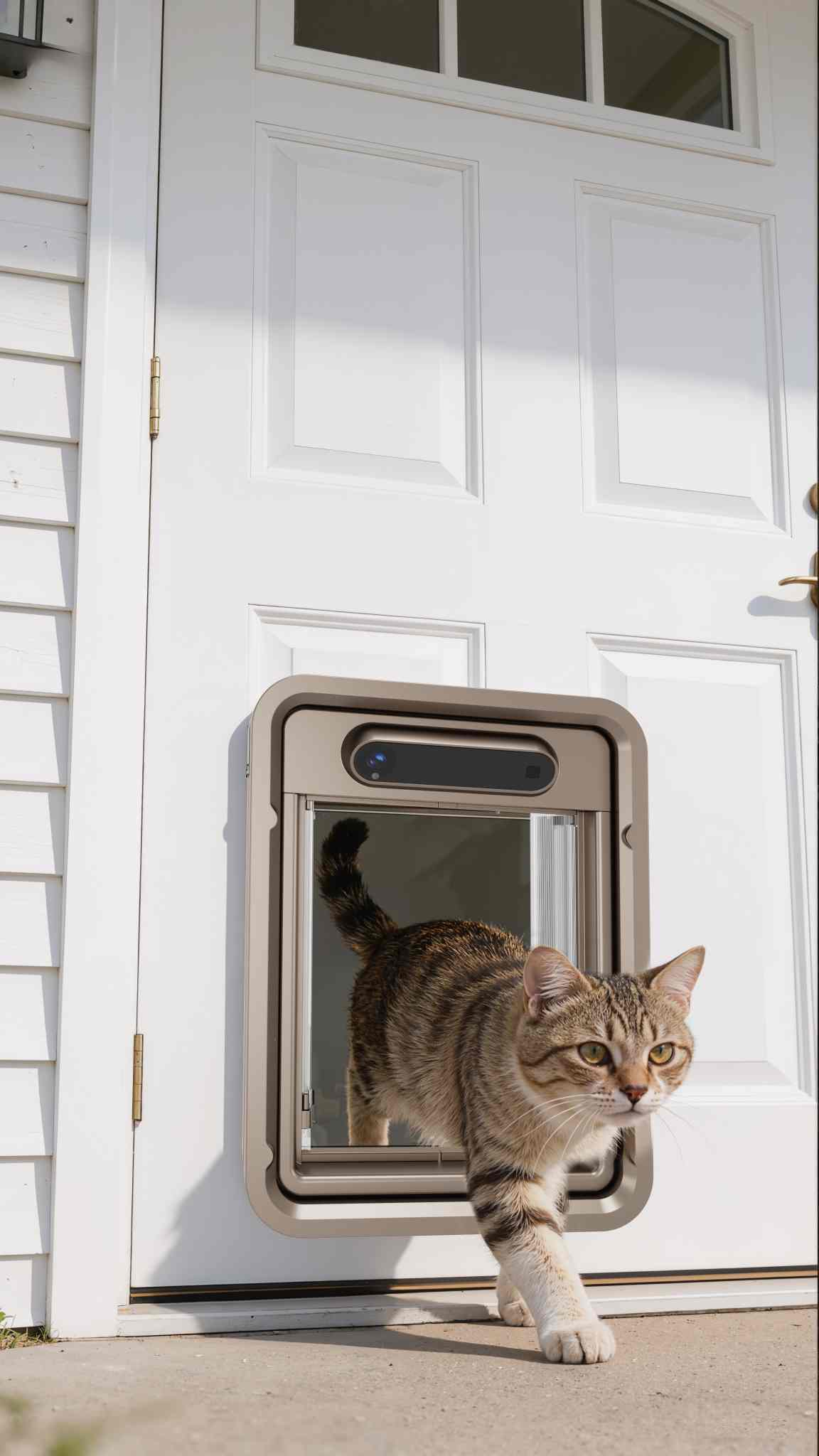 Tabby Cat Walking Out of Smart Pet Door Installed on Front Door - Hands-Free Outdoor Access for Cats at Home