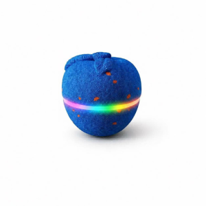 Glowing boop ball dog toy on white background, blue interactive chew ball with colorful LED light strip