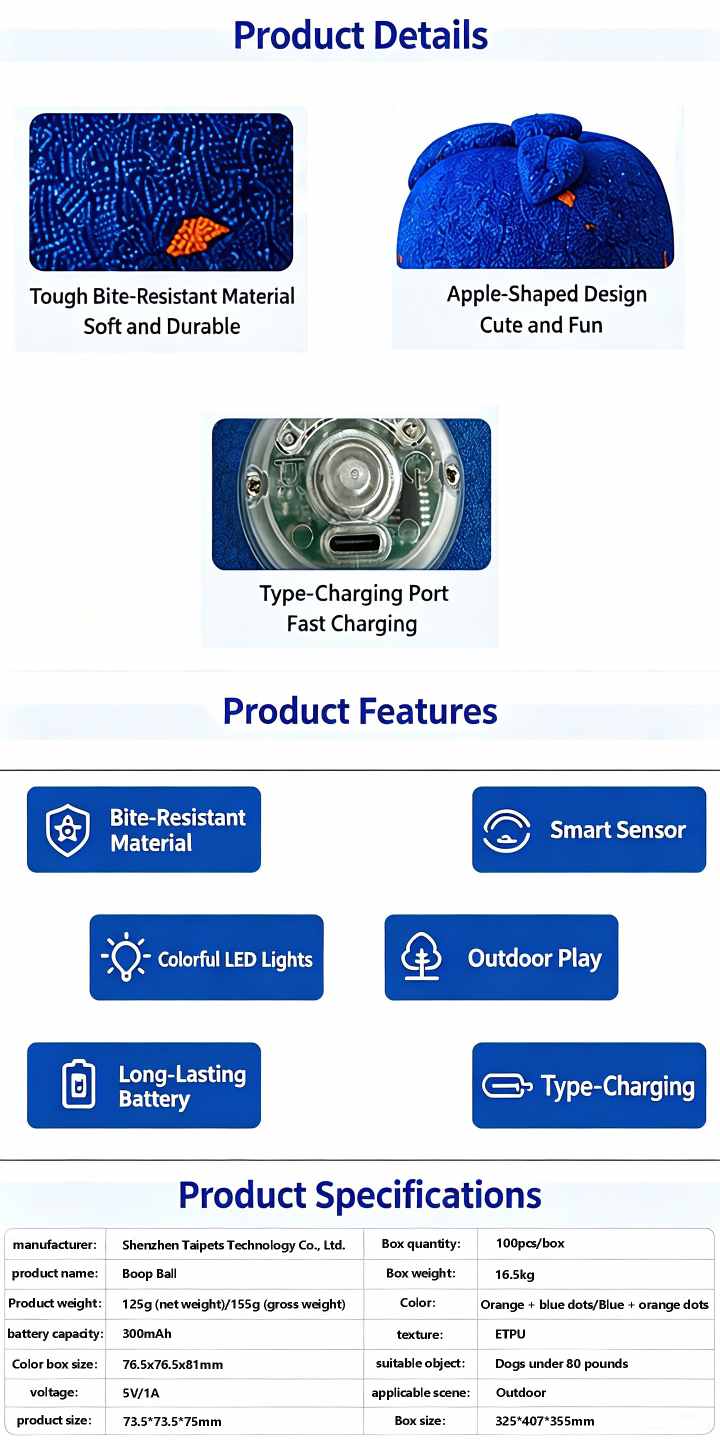 Spec boop ball dog toy details chart, showing material, apple shape, charging port, key features and full product specifications