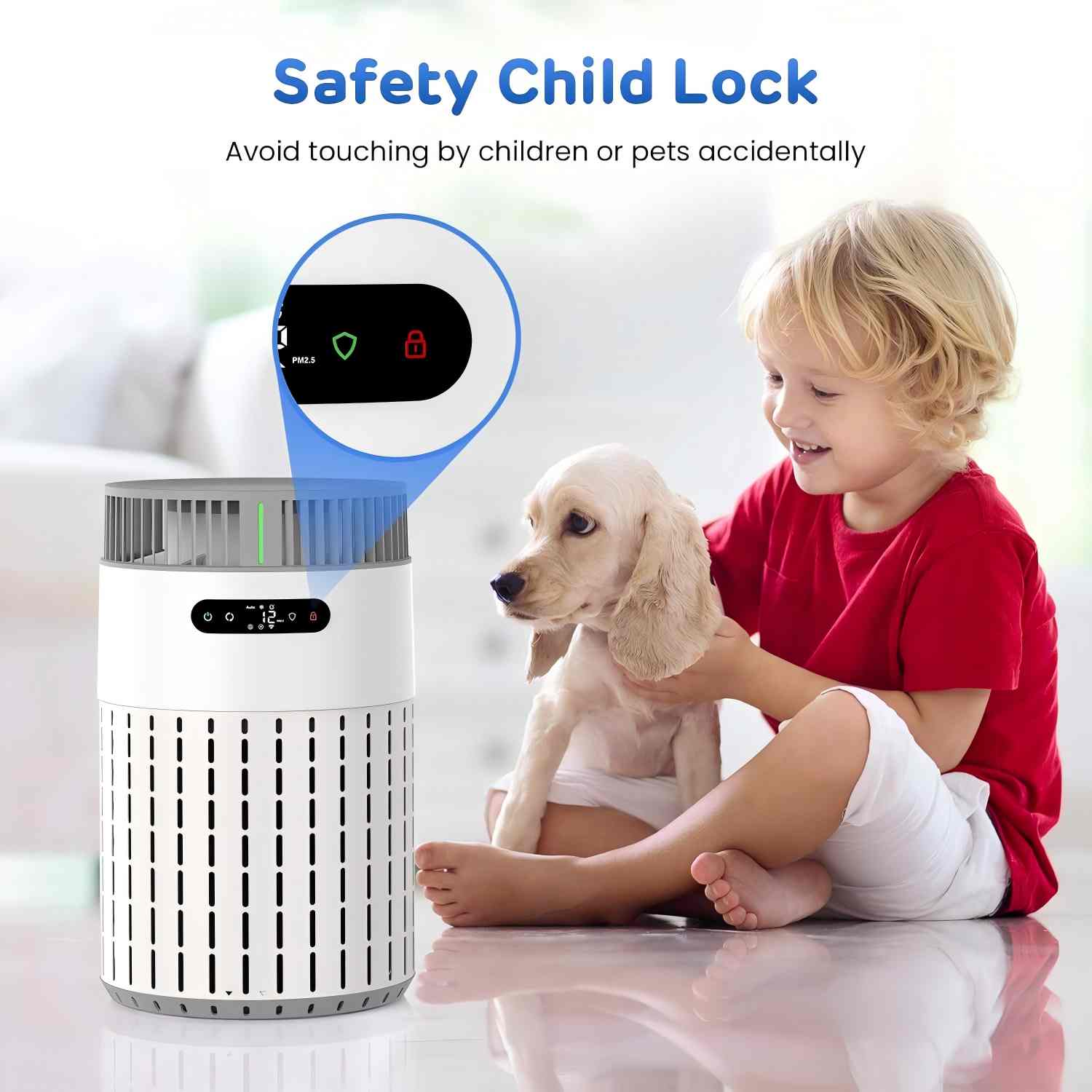 Desktop air purifier with safety child lock to prevent accidental touch by kids and pets, detail view, Lmzoe