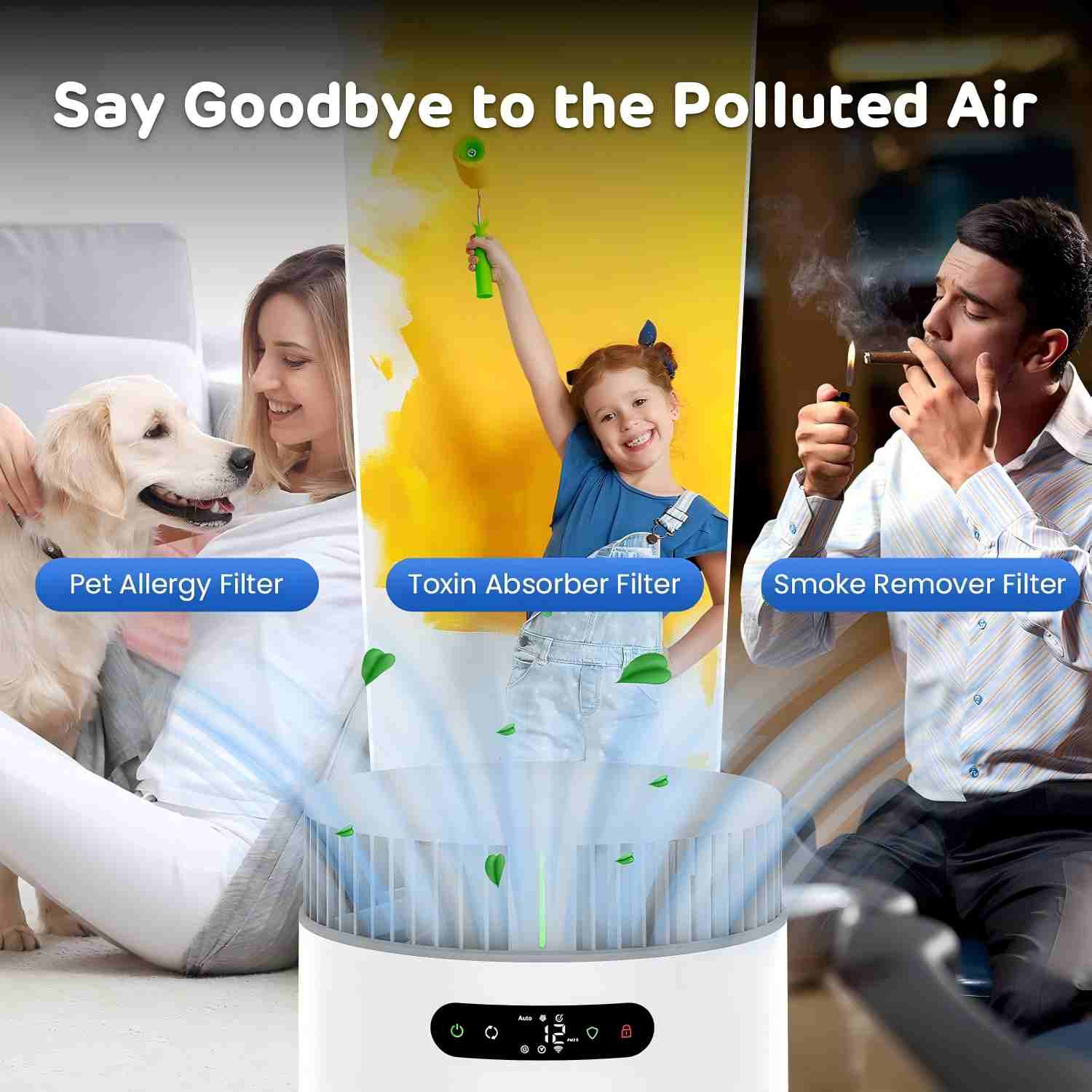 Desktop air purifier removes pet dander, paint toxin and cigarette smoke for home use, scene view, Lmzoe