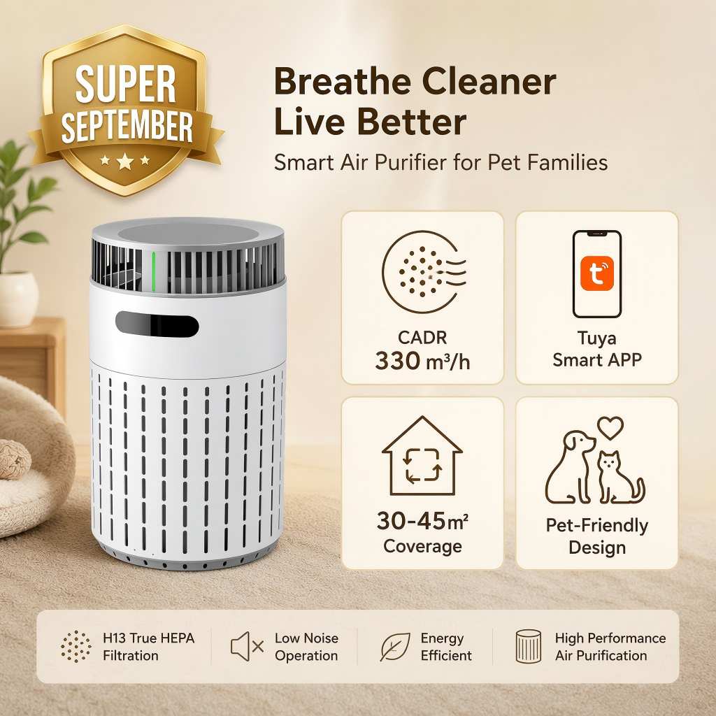 Desktop air purifier for pet families with Tuya APP, H13 HEPA and 330m³/h CADR, spec view, Lmzoe